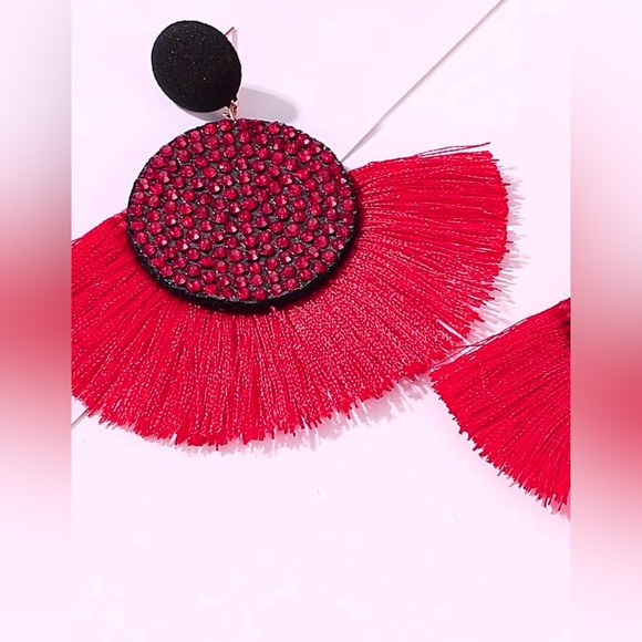 RED BOHEMIAN RHINESTONE BEADED THREADED TASSEL DROP EARRINGS - Picture 2 of 4